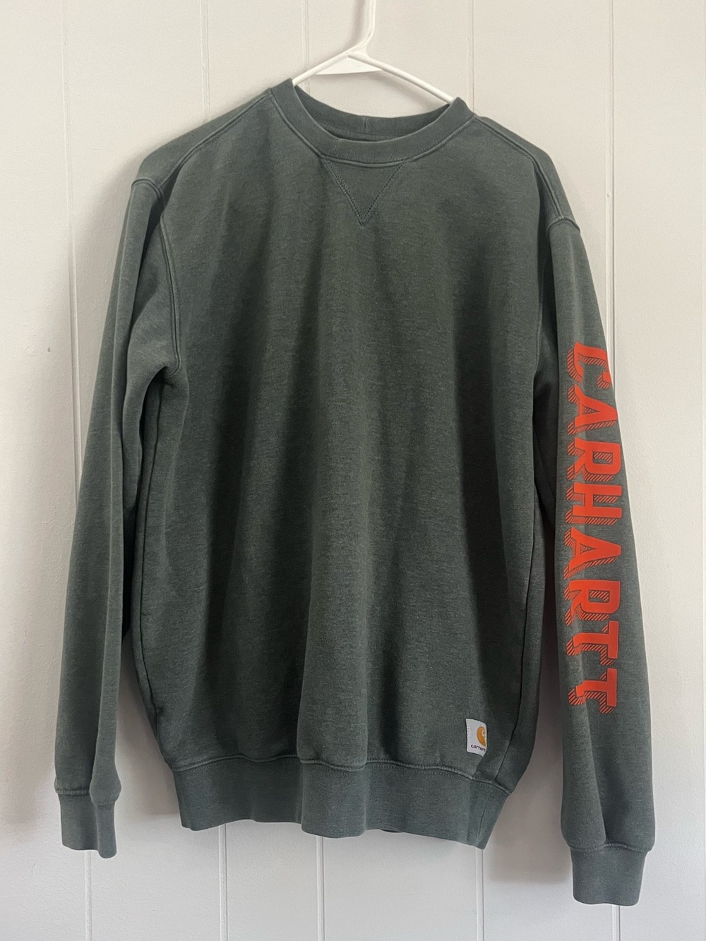 Carhartt Olive Green Crewneck with Orange Sleeve Logo
